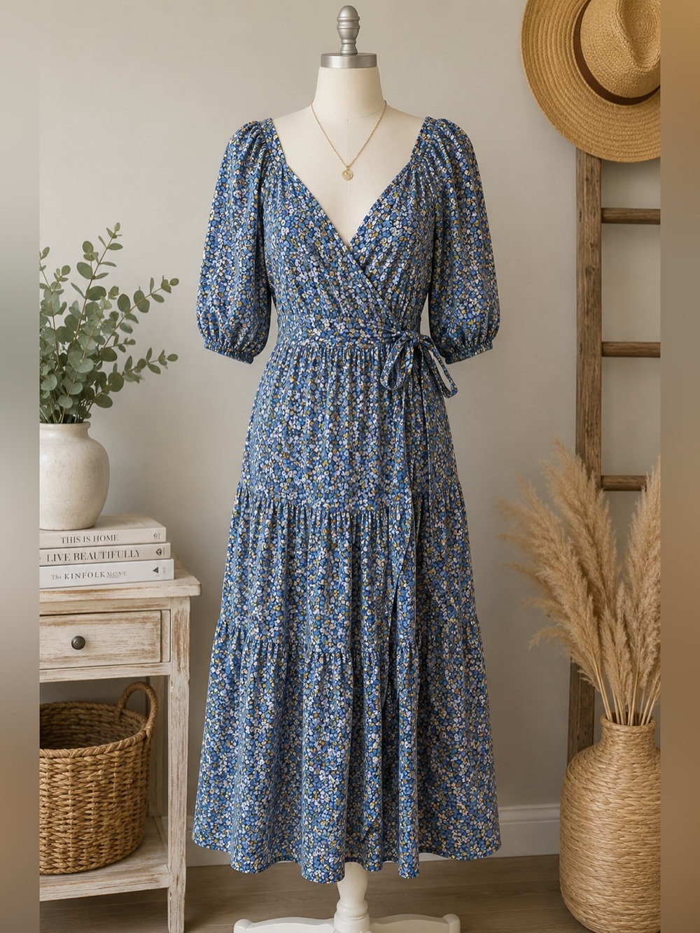 Old Navy Floral Wrap Midi Dress Puff Boho Sleeve Cottagecore Blue Large